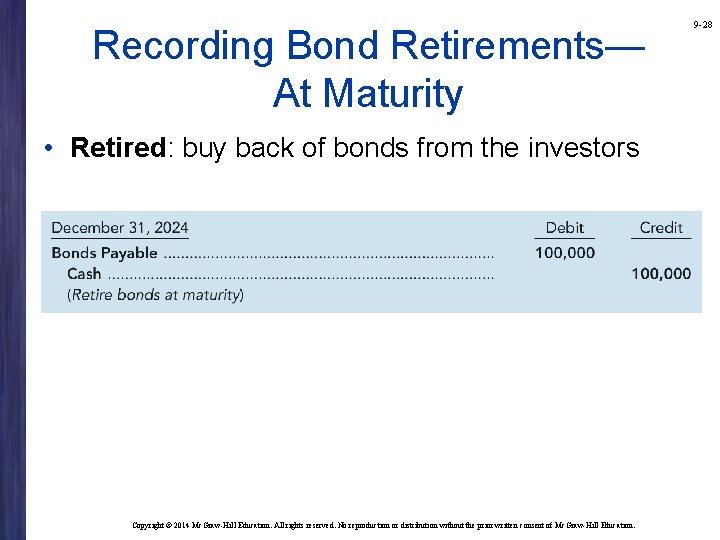 Recording Bond Retirements— At Maturity • Retired: buy back of bonds from the investors