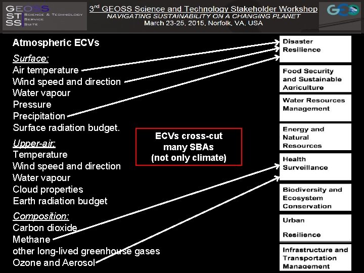 Atmospheric ECVs Surface: Air temperature Wind speed and direction Water vapour Pressure Precipitation Surface