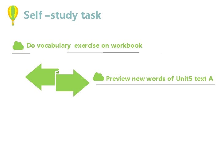 Self –study task Do vocabulary exercise on workbook Preview new words of Unit 5