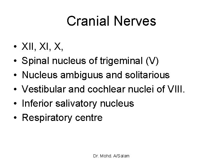 Cranial Nerves • • • XII, X, Spinal nucleus of trigeminal (V) Nucleus ambiguus
