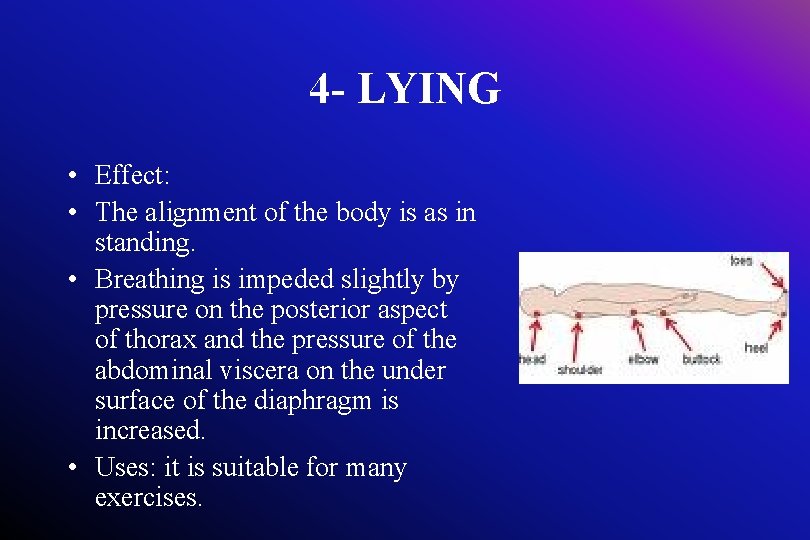 4 - LYING • Effect: • The alignment of the body is as in