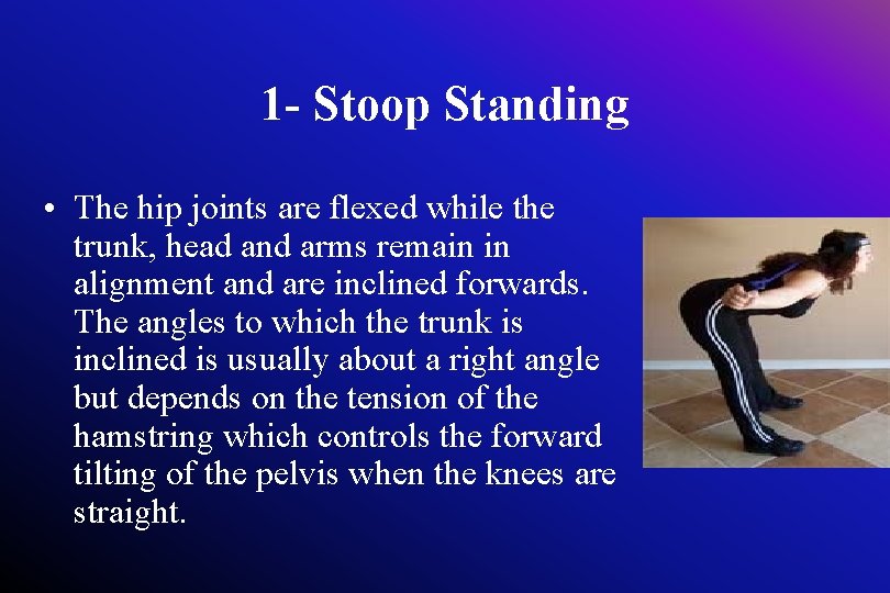 1 - Stoop Standing • The hip joints are flexed while the trunk, head