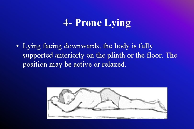 4 - Prone Lying • Lying facing downwards, the body is fully supported anteriorly