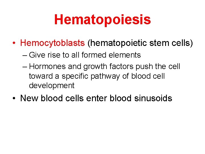 Hematopoiesis • Hemocytoblasts (hematopoietic stem cells) – Give rise to all formed elements –