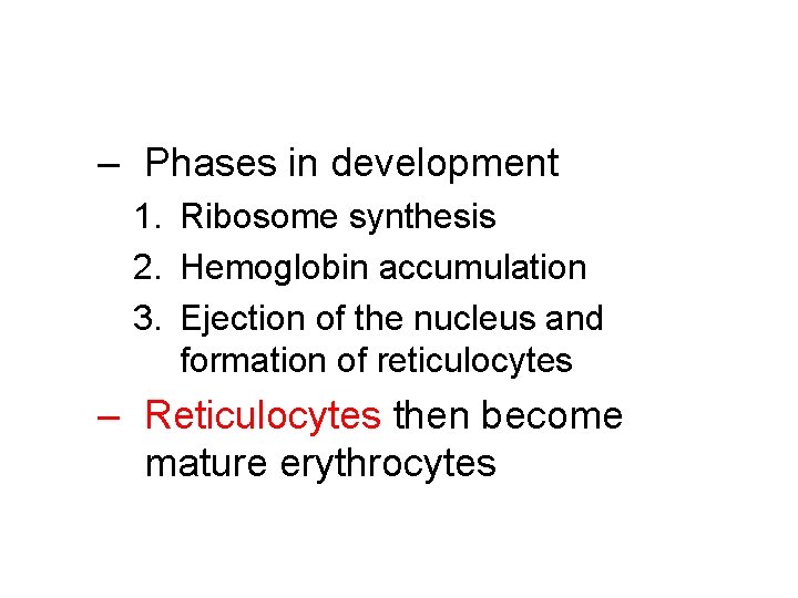 Erythropoiesis – Phases in development 1. Ribosome synthesis 2. Hemoglobin accumulation 3. Ejection of