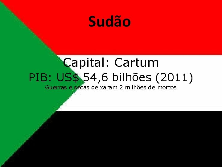 Sudão Capital: Cartum PIB: US$ 54, 6 bilhões (2011) Guerras e secas deixaram 2