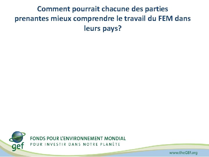 Comment pourrait chacune des parties prenantes mieux comprendre le travail du FEM dans leurs