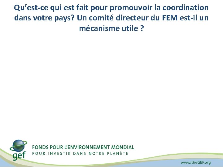 Qu’est-ce qui est fait pour promouvoir la coordination dans votre pays? Un comité directeur