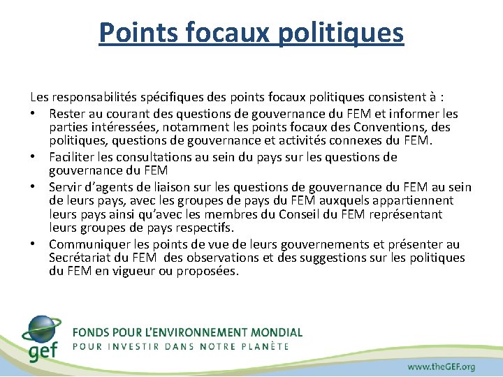 Points focaux politiques Les responsabilités spécifiques des points focaux politiques consistent à : •
