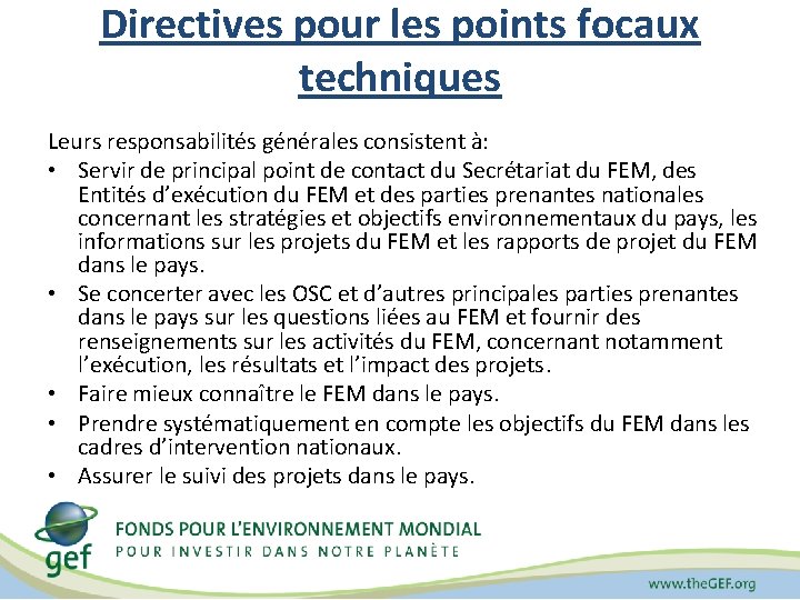Directives pour les points focaux techniques Leurs responsabilités générales consistent à: • Servir de