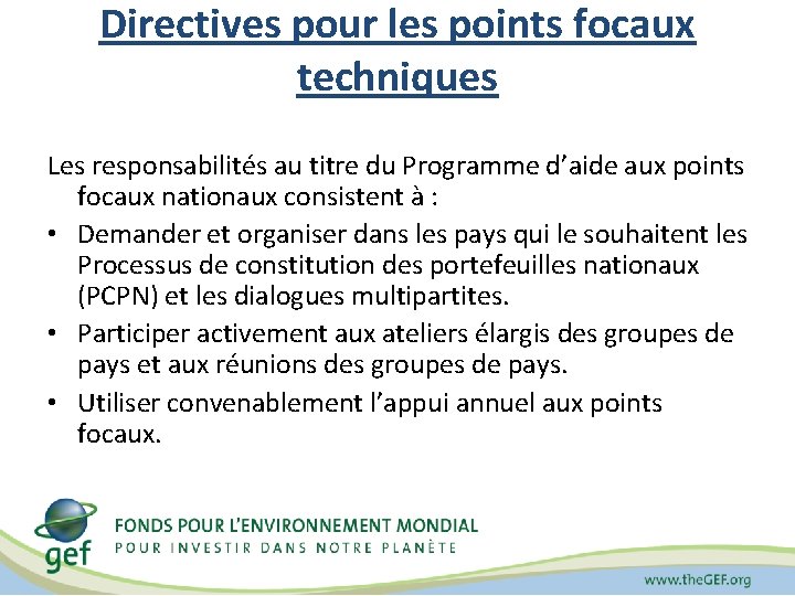 Directives pour les points focaux techniques Les responsabilités au titre du Programme d’aide aux