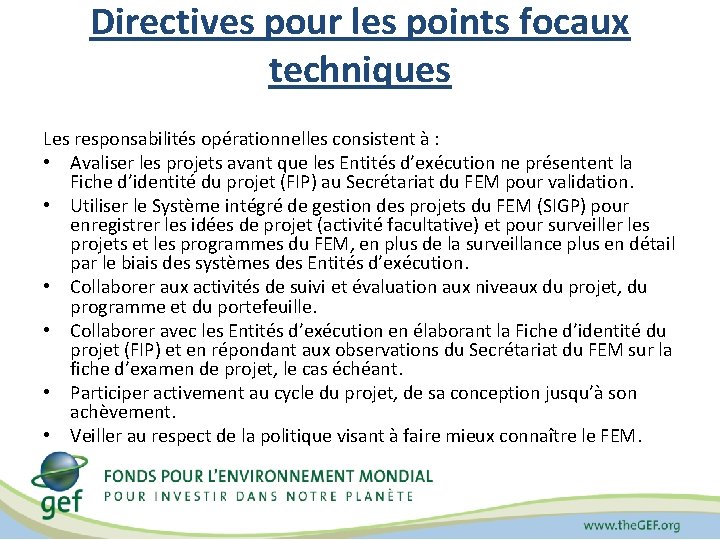 Directives pour les points focaux techniques Les responsabilités opérationnelles consistent à : • Avaliser