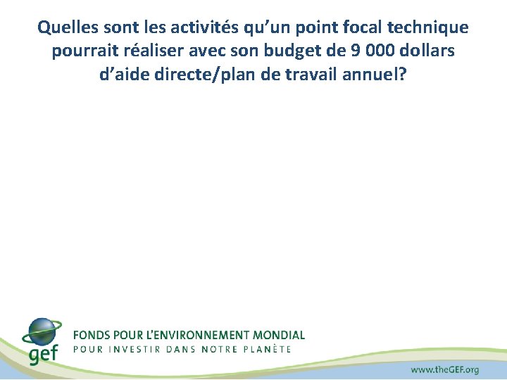 Quelles sont les activités qu’un point focal technique pourrait réaliser avec son budget de