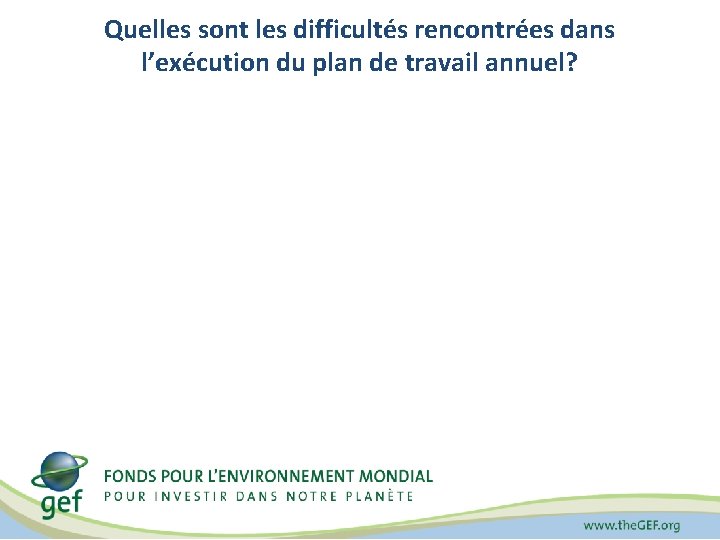 Quelles sont les difficultés rencontrées dans l’exécution du plan de travail annuel? 