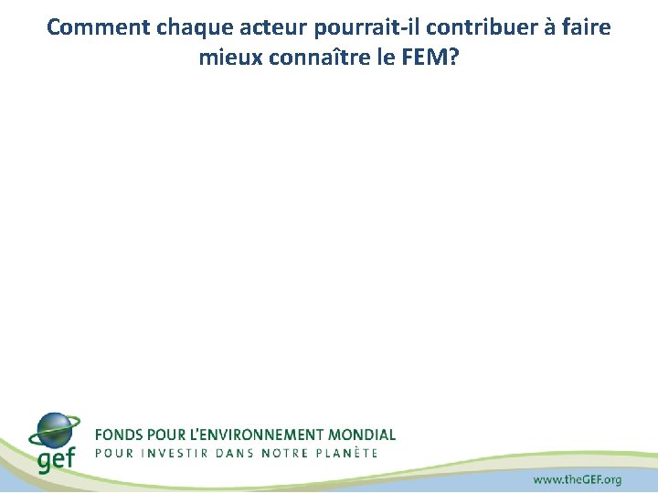 Comment chaque acteur pourrait-il contribuer à faire mieux connaître le FEM? 