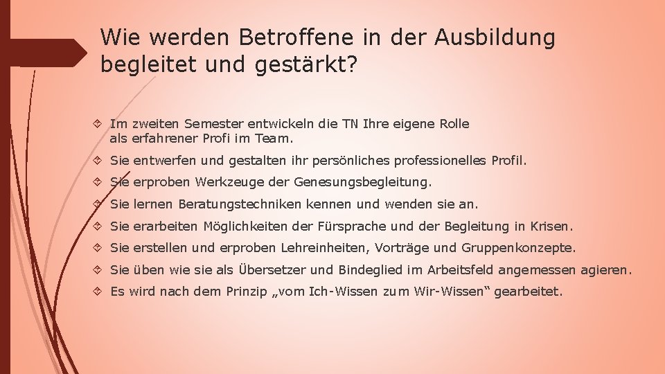 Wie werden Betroffene in der Ausbildung begleitet und gestärkt? Im zweiten Semester entwickeln die