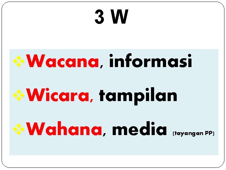 modal 3 3 W … v. Wacana, Wacana informasi v. Wicara, tampilan v. Wahana,