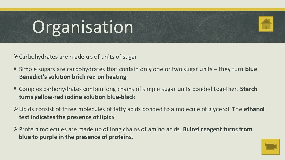 Organisation ØCarbohydrates are made up of units of sugar § Simple sugars are carbohydrates