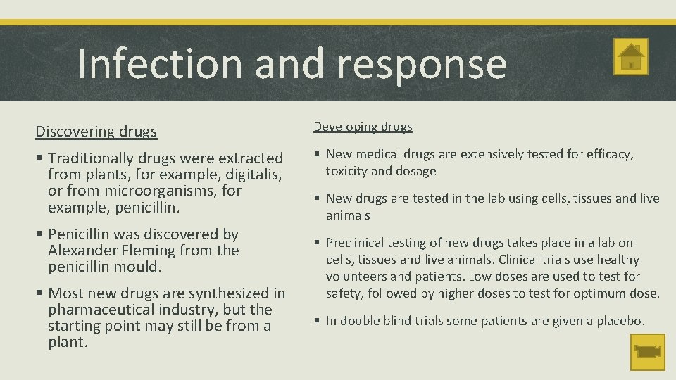 Infection and response Discovering drugs Developing drugs § Traditionally drugs were extracted from plants,