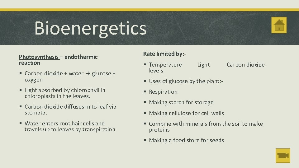 Bioenergetics Photosynthesis – endothermic reaction § Carbon dioxide + water → glucose + oxygen