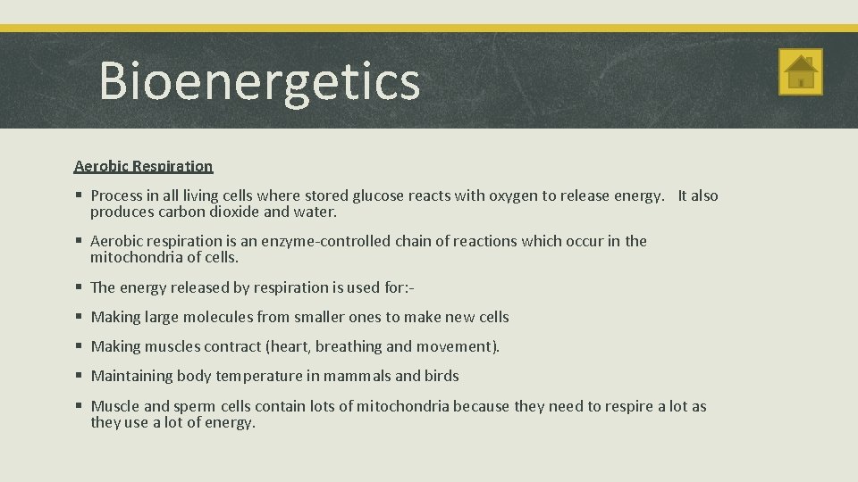 Bioenergetics Aerobic Respiration § Process in all living cells where stored glucose reacts with