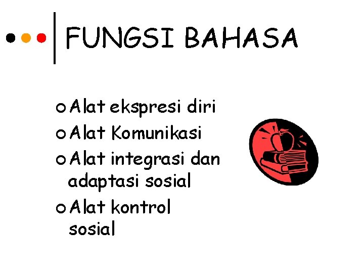 FUNGSI BAHASA ¢ Alat ekspresi diri ¢ Alat Komunikasi ¢ Alat integrasi dan adaptasi