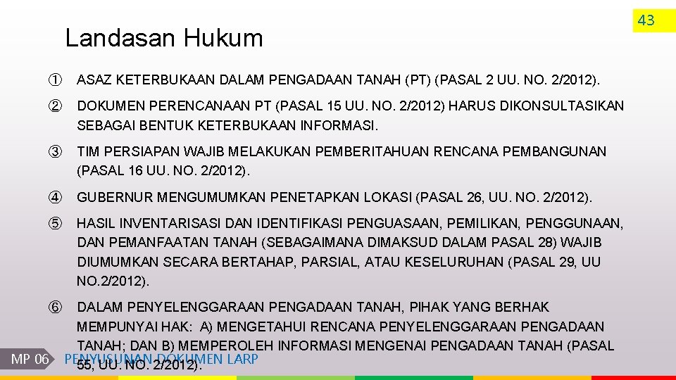 Landasan Hukum ① ASAZ KETERBUKAAN DALAM PENGADAAN TANAH (PT) (PASAL 2 UU. NO. 2/2012).