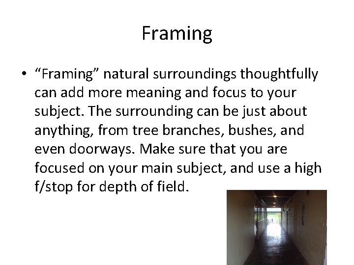 Framing • “Framing” natural surroundings thoughtfully can add more meaning and focus to your
