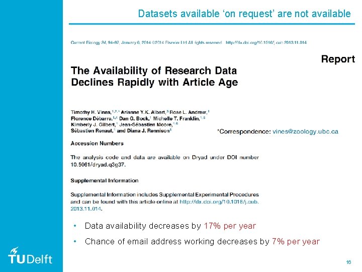 Datasets available ‘on request’ are not available • Data availability decreases by 17% per