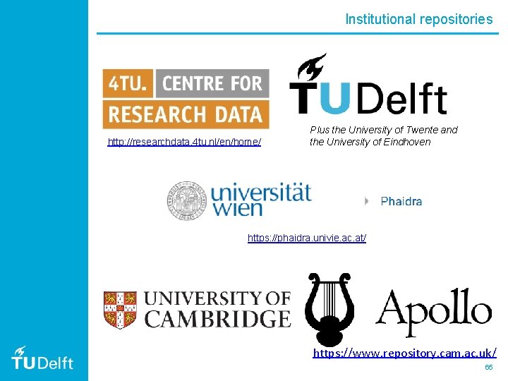 Institutional repositories http: //researchdata. 4 tu. nl/en/home/ Plus the University of Twente and the