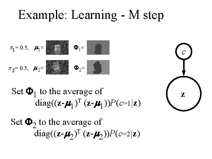 Example: Learning - M step p 1= 0. 5, m 1= F 1= p