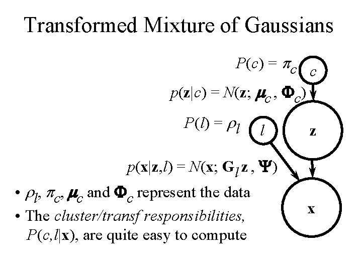 Transformed Mixture of Gaussians P(c) = pc c p(z|c) = N(z; mc , Fc)