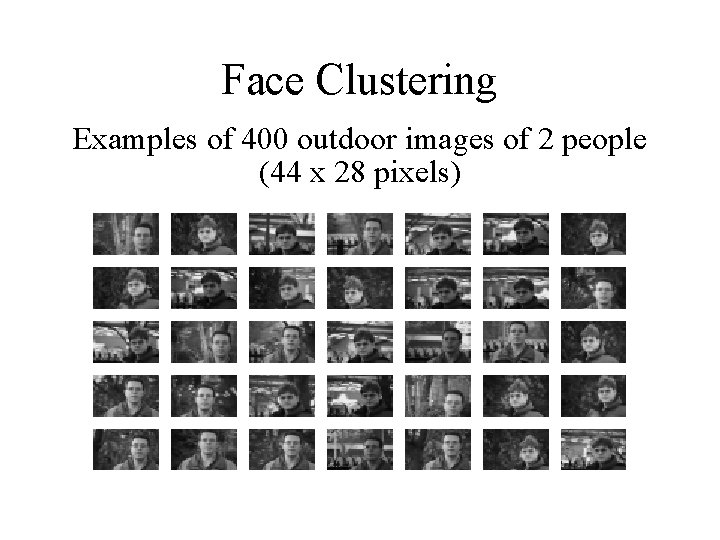 Face Clustering Examples of 400 outdoor images of 2 people (44 x 28 pixels)