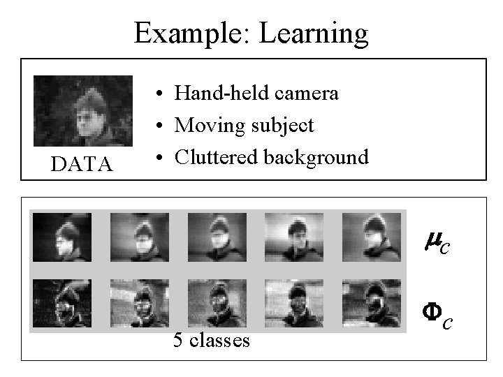 Example: Learning DATA • Hand-held camera • Moving subject • Cluttered background mc 1