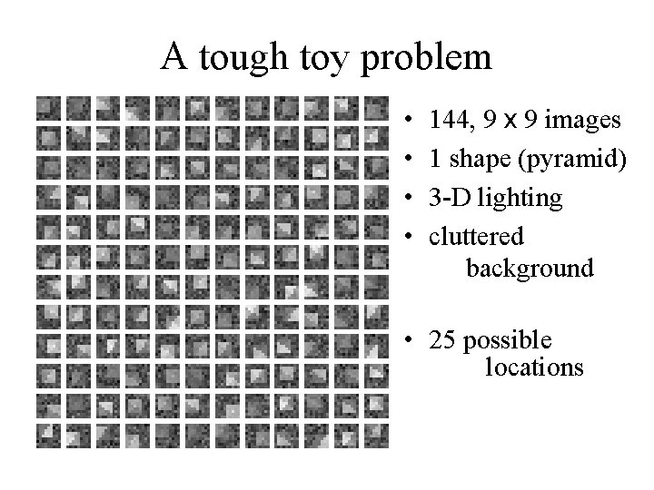 A tough toy problem • • 144, 9 x 9 images 1 shape (pyramid)