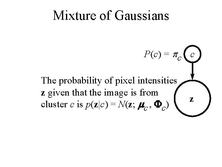 Mixture of Gaussians P(c) = pc c The probability of pixel intensities z given