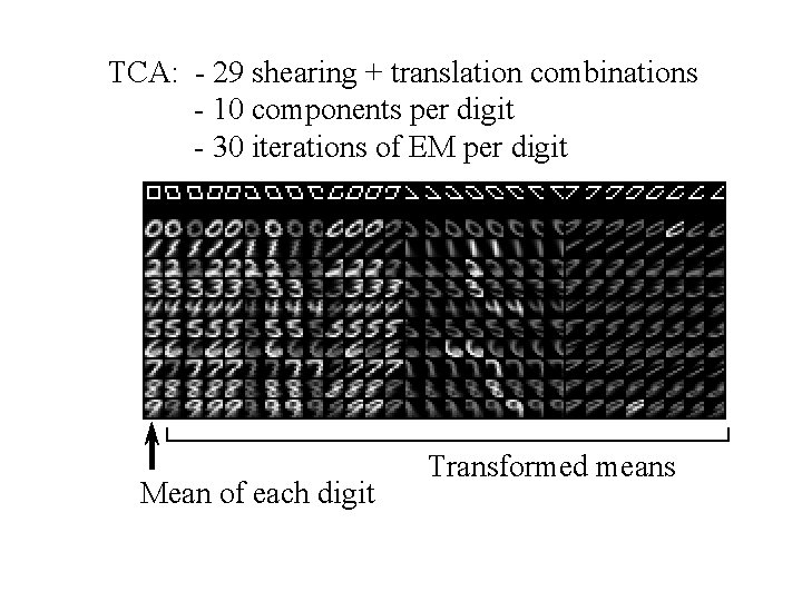 TCA: - 29 shearing + translation combinations - 10 components per digit - 30