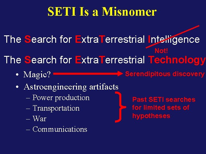 SETI Is a Misnomer The Search for Extra. Terrestrial Intelligence Not! The Search for