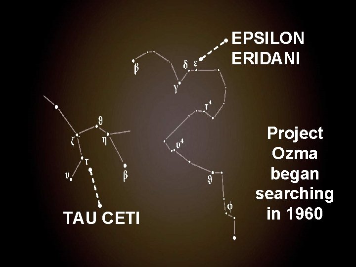 EPSILON ERIDANI TAU CETI Project Ozma began searching in 1960 