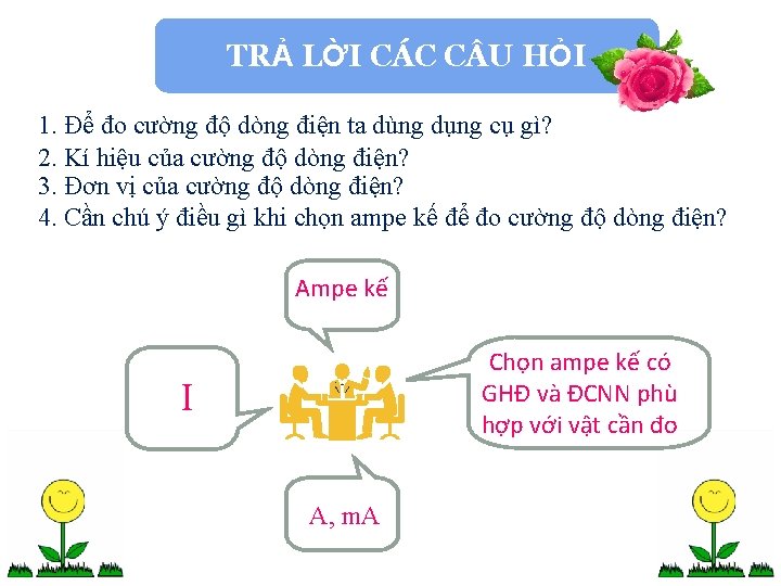 TRẢ LỜI CÁC C U HỎI 1. Để đo cường độ dòng điện ta