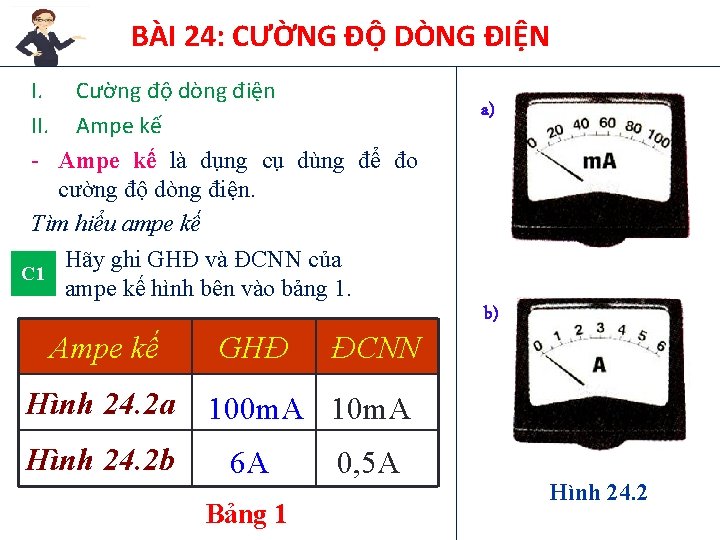 BÀI 24: CƯỜNG ĐỘ DÒNG ĐIỆN I. Cường độ dòng điện II. Ampe kế