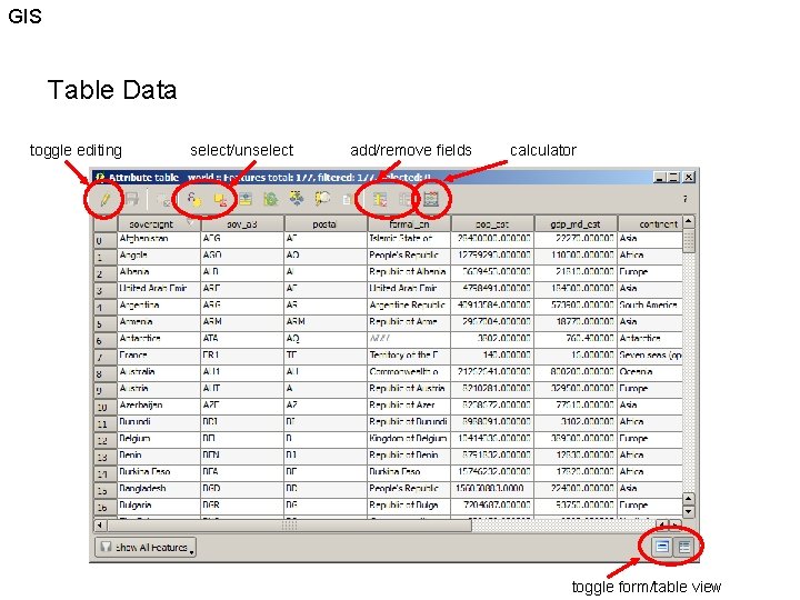 GIS Table Data toggle editing select/unselect add/remove fields calculator toggle form/table view 