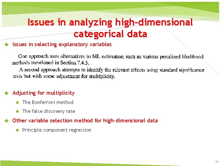 Issues in analyzing high-dimensional categorical data Issues in selecting explanatory variables Adjusting for multiplicity