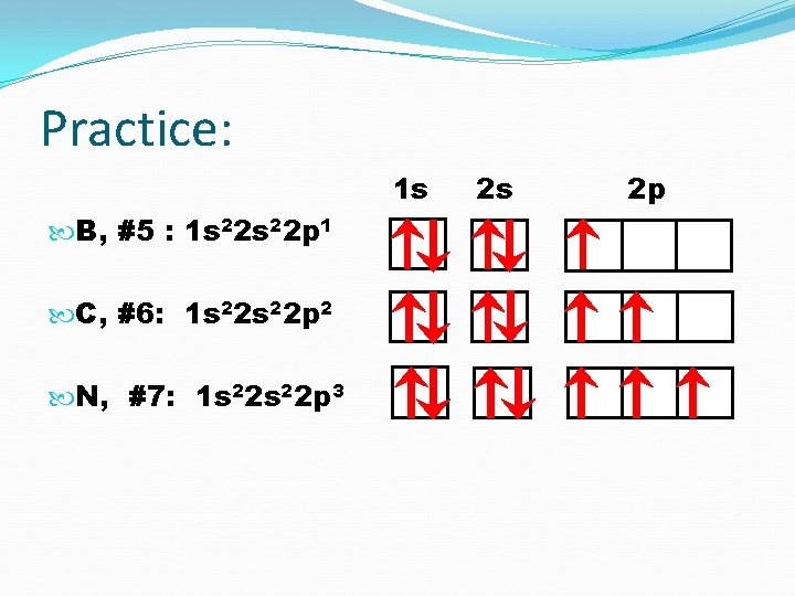 Practice: 1 s B, #5 : 1 s 22 p 1 C, #6: 1