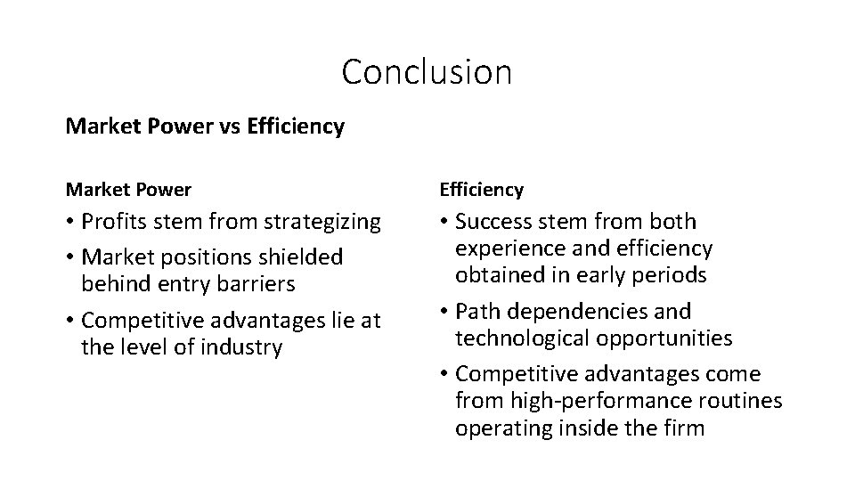 Conclusion Market Power vs Efficiency Market Power Efficiency • Profits stem from strategizing •