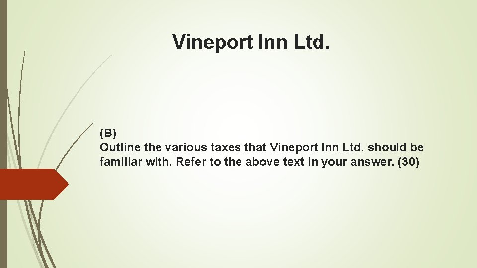 Vineport Inn Ltd. (B) Outline the various taxes that Vineport Inn Ltd. should be