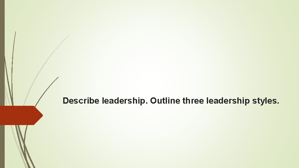 Describe leadership. Outline three leadership styles. 