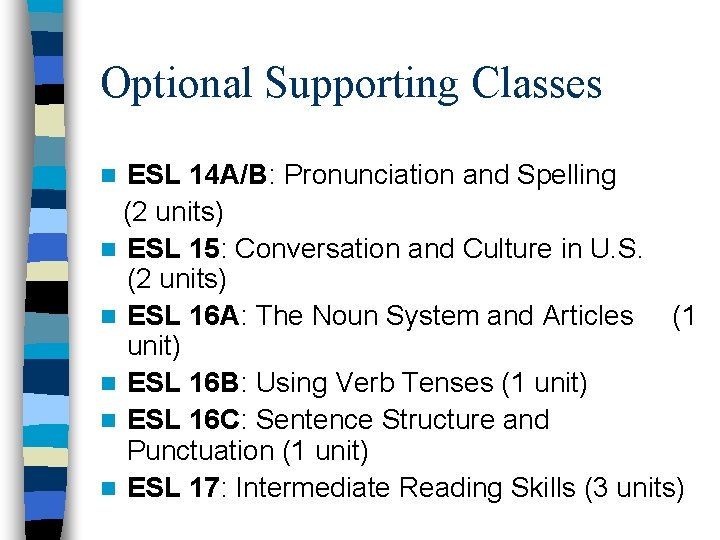 Optional Supporting Classes ESL 14 A/B: Pronunciation and Spelling (2 units) n ESL 15: