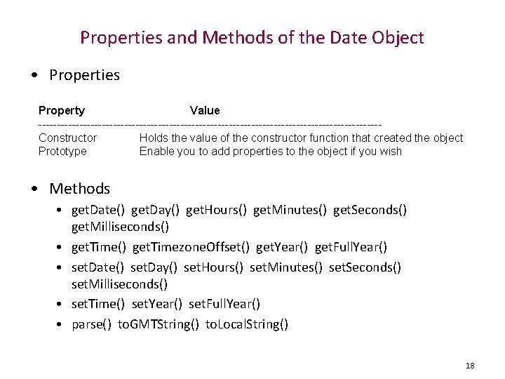 Properties and Methods of the Date Object • Properties Property Value ----------------------------------------------Constructor Holds the