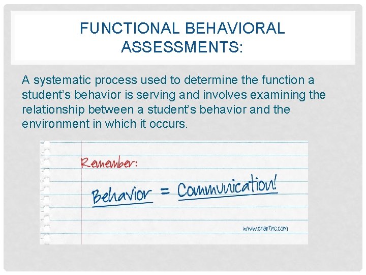 FUNCTIONAL BEHAVIORAL ASSESSMENTS: A systematic process used to determine the function a student’s behavior